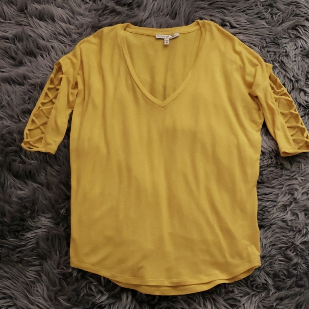 Express Modal V Neck 1/2 Sleeve Top with Lattice Detail